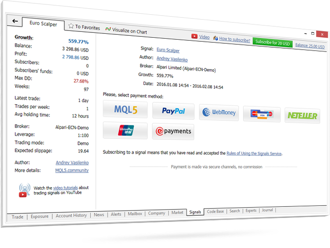MetaTrader 4 Marketでは、Visa、MasterCard、UnionPayのカードを受け付けており、同様に、電子マネーのPayPal、WebMoney、Neteller、ePaymentsでのお支払いも可能です。 MetaTrader 4 Marketでは、Visa、MasterCard、UnionPayのカードを受け付けており、同様に、電子マネーのPayPal、WebMoney、Neteller、ePaymentsでのお支払いも可能です。