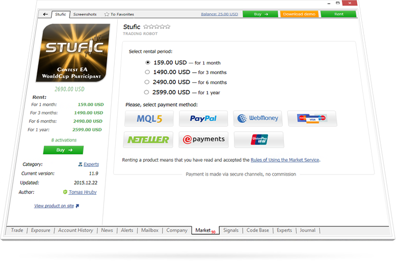 MetaTrader 4 Marketの製品のほとんどが購入するだけでなく、レンタルすることもできます MetaTrader 4 Marketの製品のほとんどが購入するだけでなく、レンタルすることもできます