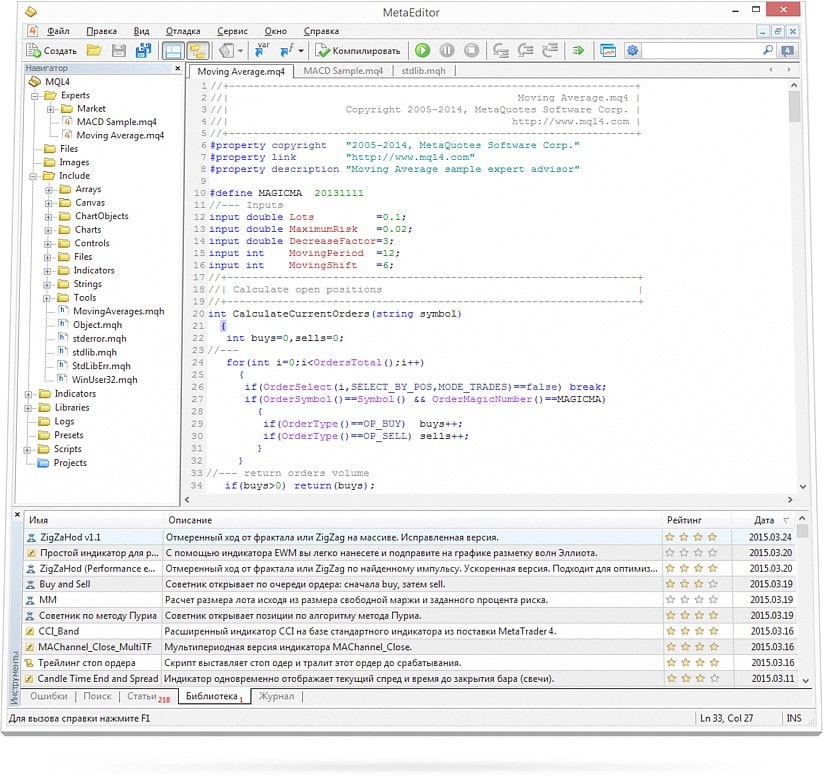 Встроенный редактор MetaEditor для разработки торговых роботов, индикаторов и скриптов